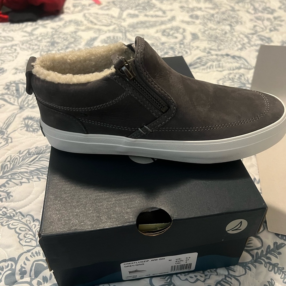Gray High-Top Sneakers with White Sole